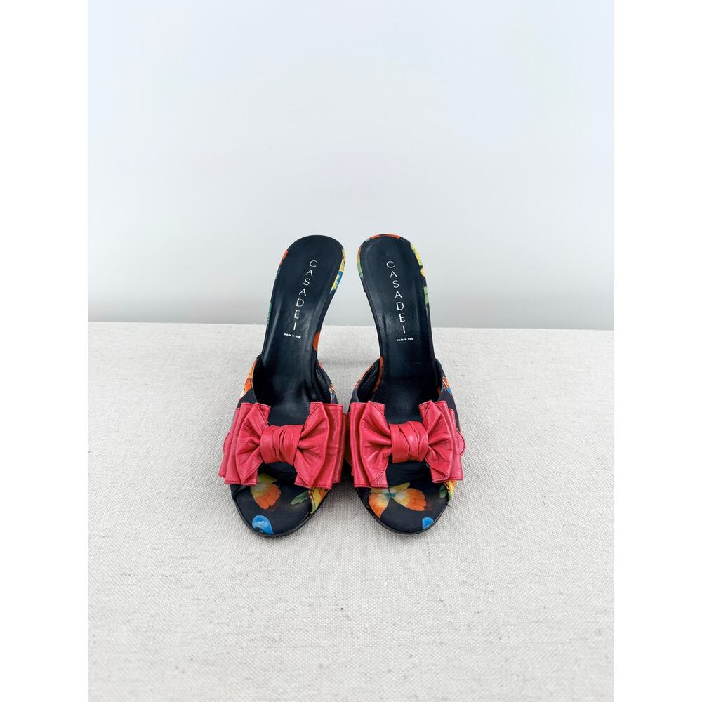 Casadei Satin Fruit Peep Toe Cone Heel Mule with Red Leather Bow Black US 8 - Picture 2 of 6